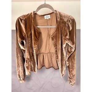 Frenchi Velvet Peplum Blazer Jacket Taupe Women Puff Sleeve Collarless Small